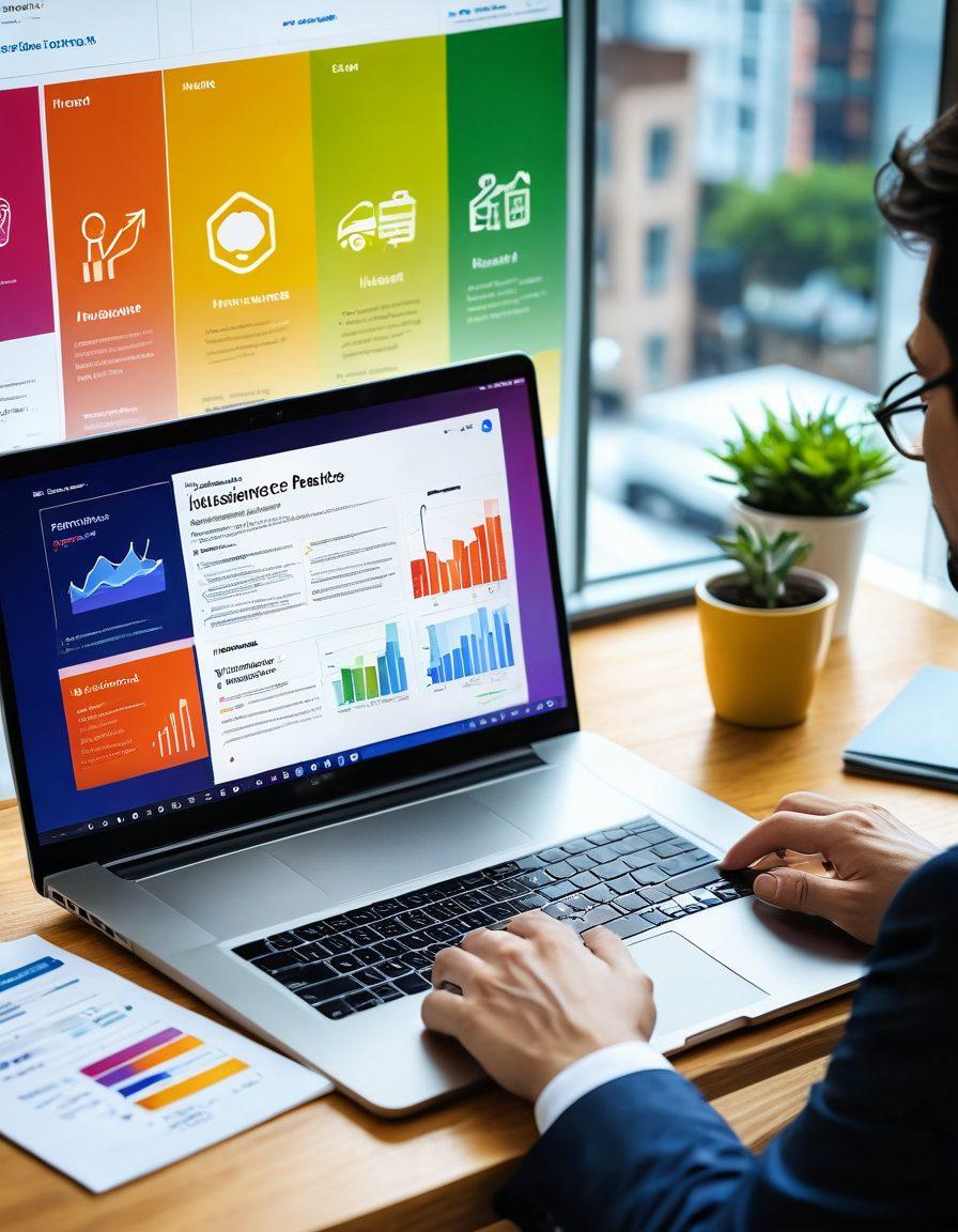 A split-screen image showcasing a digital comparison of insurance options, with a laptop displaying graphs and charts on one side, and a person deep in thought surrounded by policy documents on the other. Include vibrant icons representing various insurance types (health, auto, home). Emphasize a modern, sleek interface and an inviting color palette. super-realistic. vibrant colors.
