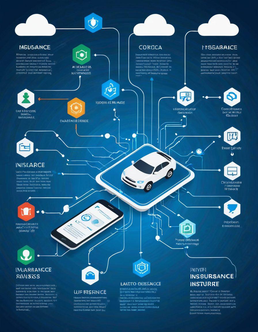 A visually stunning infographic depicting the journey from insurance coverage to claims processing in the digital landscape. Include elements such as a digital flow chart, icons representing various insurance products, smartphones displaying apps, and diverse individuals engaging with technology. The background should have a technological vibe with circuits and cloud motifs. Bright, engaging colors and a sleek modern design will enhance the visual experience. vector art. vibrant colors.